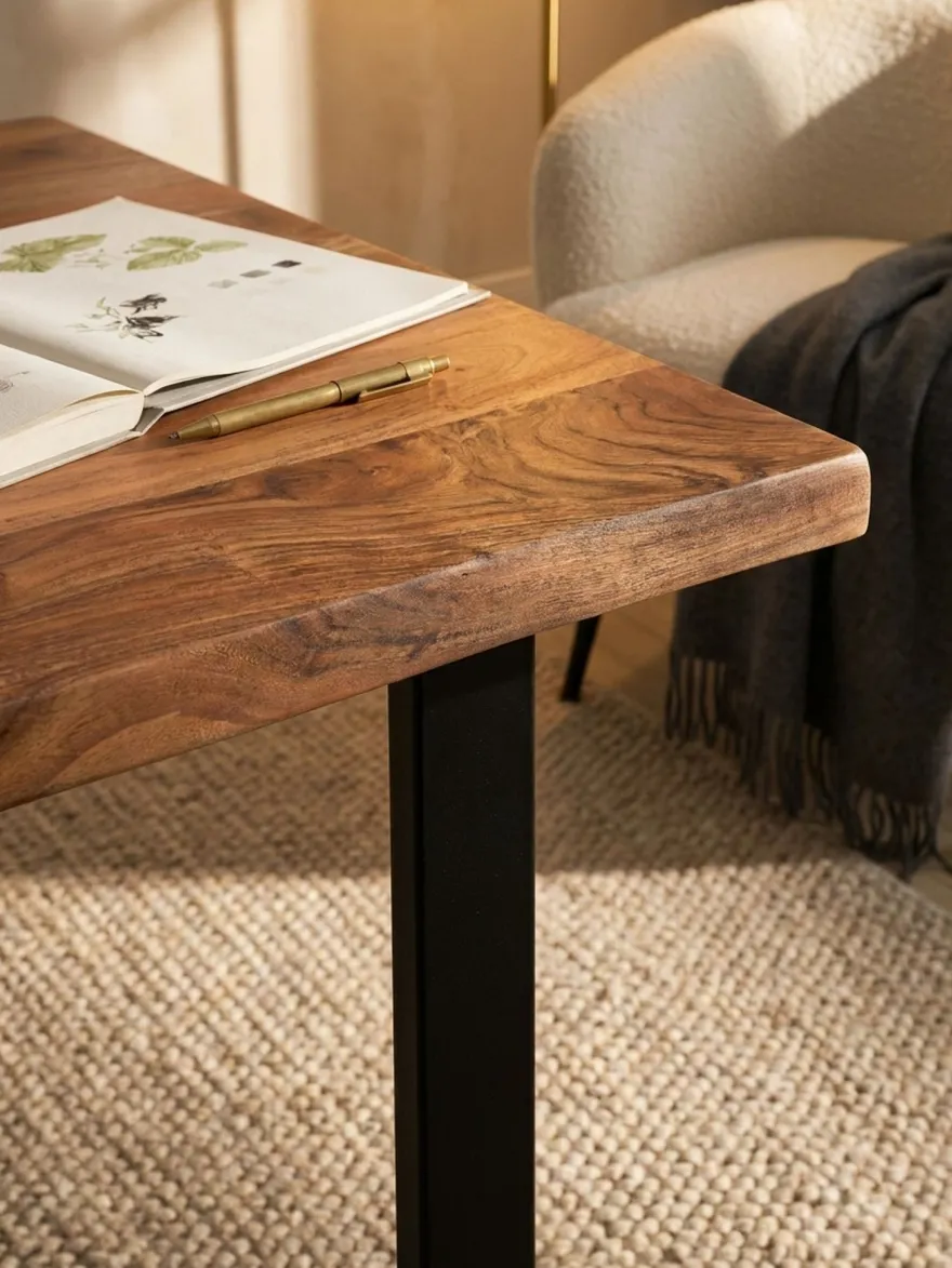 Bürotisch TARN Akazie Massivholz Baumkante Trapezbeine schwarz 120-200 cm breit