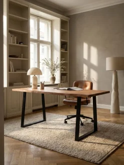 Bürotisch TARN Akazie Massivholz Baumkante Trapezbeine schwarz 120-200 cm breit