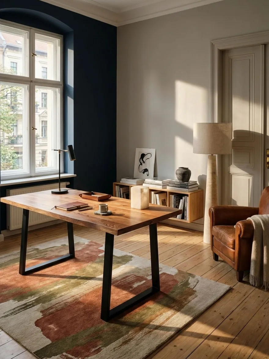 Bürotisch TARN Akazie Massivholz Baumkante Trapezbeine schwarz 120-200 cm breit