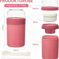 Bugucat Müslibecher to Go 520ML+250ML, Joghurtbecher mit Löffel und Soßenbox