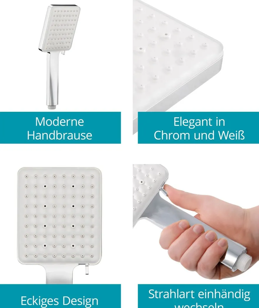 Calmwaters Eckige Handbrause 6 Strahlarten, Hebel-Funktion, Anti-Kalk, Chrom-Weiß