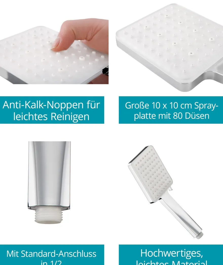 Calmwaters Eckige Handbrause 6 Strahlarten, Hebel-Funktion, Anti-Kalk, Chrom-Weiß