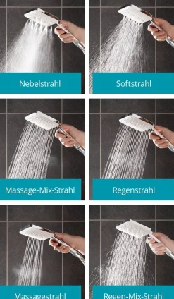 Calmwaters Eckige Handbrause 6 Strahlarten, Hebel-Funktion, Anti-Kalk, Chrom-Weiß