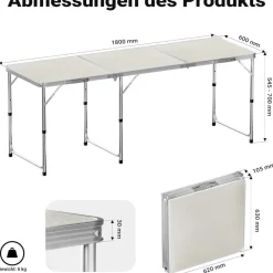 Campingtisch klappbar 180x60x70cm höhenverstellbar Aluminium MDF Tischplatte