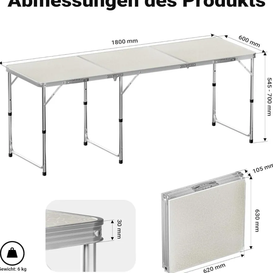 Campingtisch klappbar 180x60x70cm höhenverstellbar Aluminium MDF Tischplatte