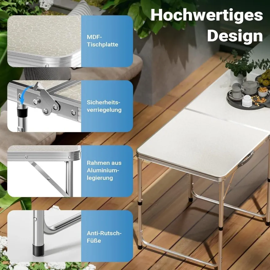 Campingtisch klappbar 180x60x70cm höhenverstellbar Aluminium MDF Tischplatte