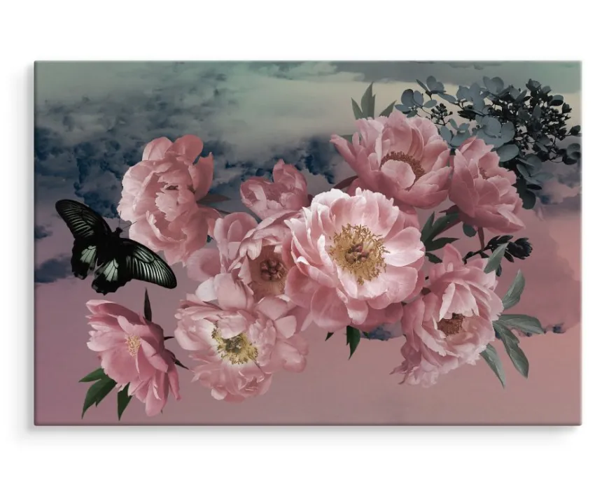CANVAS Leinwandbild XXL Himmel Natur Pfingstrosen Schmetterlinge 387