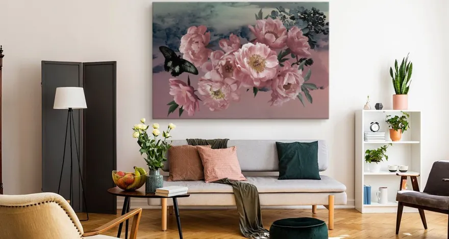 CANVAS Leinwandbild XXL Himmel Natur Pfingstrosen Schmetterlinge 387