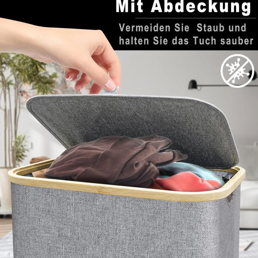 Capocica Schmaler Wäschekorb mit Deckel, 100L, Bambusdeckel, herausnehmbarer