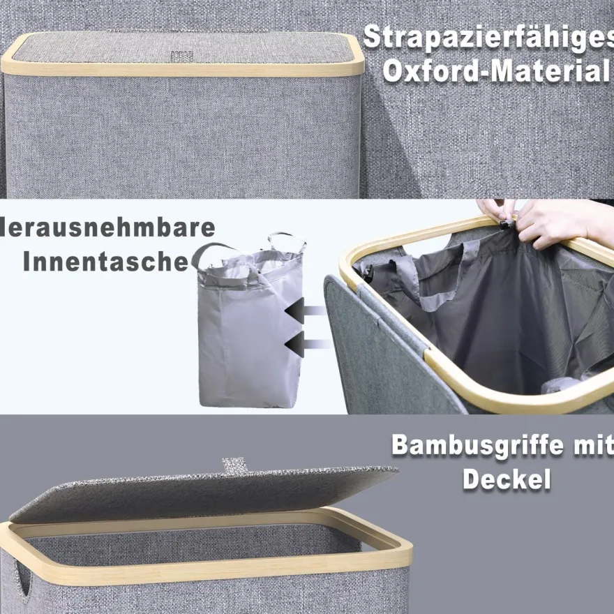Capocica Schmaler Wäschekorb mit Deckel, 100L, Bambusdeckel, herausnehmbarer