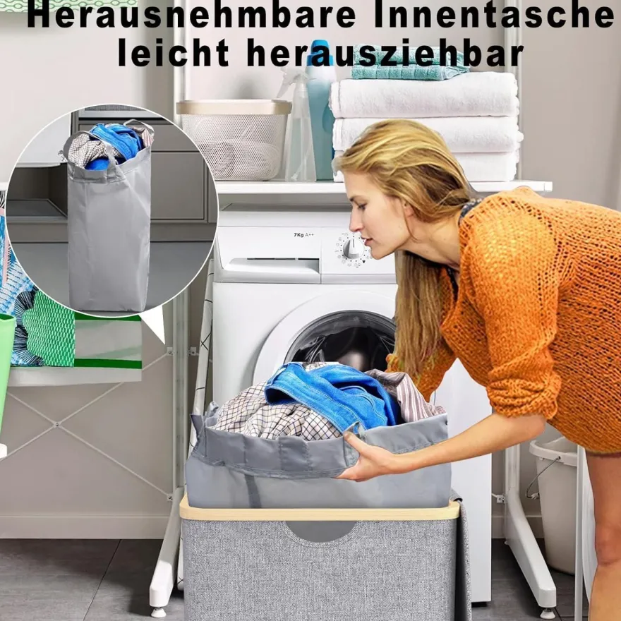 Capocica Schmaler Wäschekorb mit Deckel, 100L, Bambusdeckel, herausnehmbarer