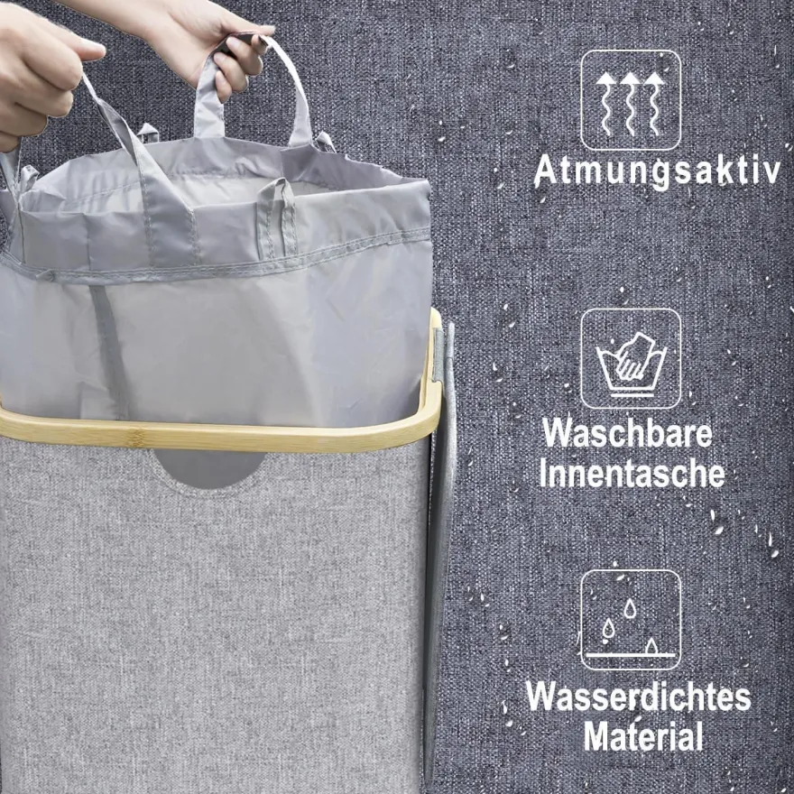 Capocica Schmaler Wäschekorb mit Deckel, 100L, Bambusdeckel, herausnehmbarer