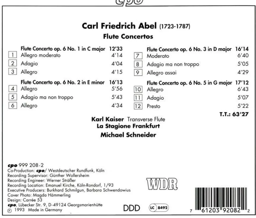 Carl Friedrich Abel (1723-1787): 4 Flötenkonzerte - CPO 076120