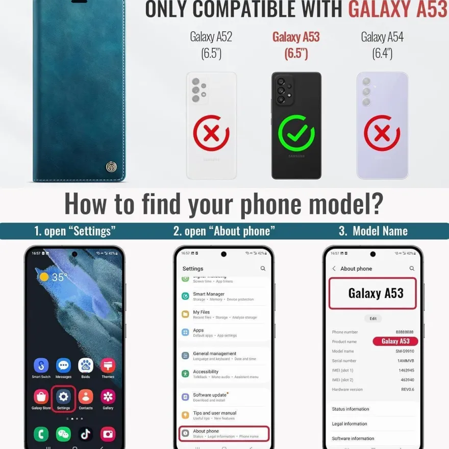 Caseme Handyhülle für Samsung Galaxy A53 5G, Klapphülle mit RFID in Lederoptik