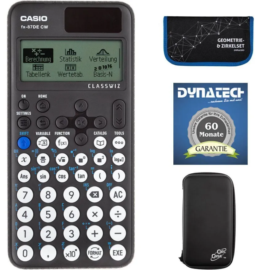 Casio FX-87 DE CW mit CalcCase-Schutztasche, Zirkelset blau und Garantie