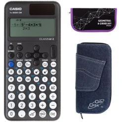Casio FX-85 DE CW mit Jeans-Tasche dunkelblau und Zirkelset lila