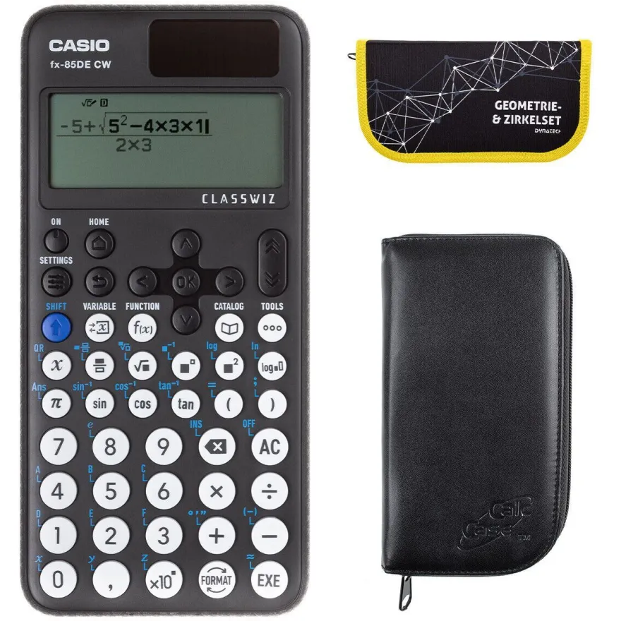 Casio FX-85 DE CW mit schwarzer Tasche und Zirkelset gelb