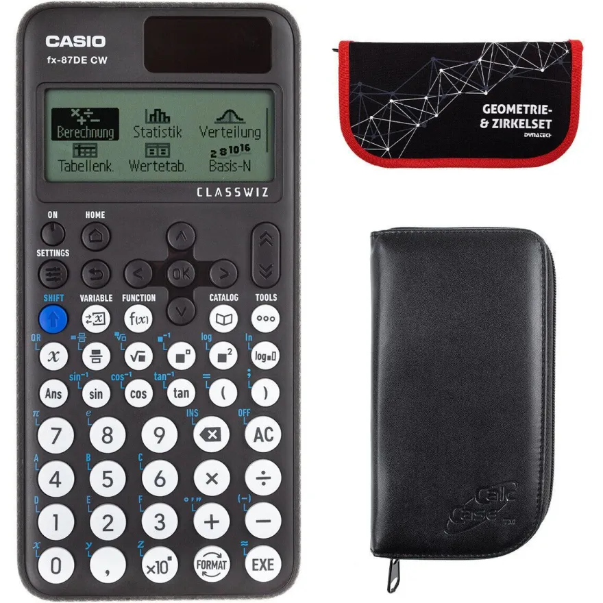 Casio FX-87 DE CW mit schwarzer Tasche und Zirkelset rot