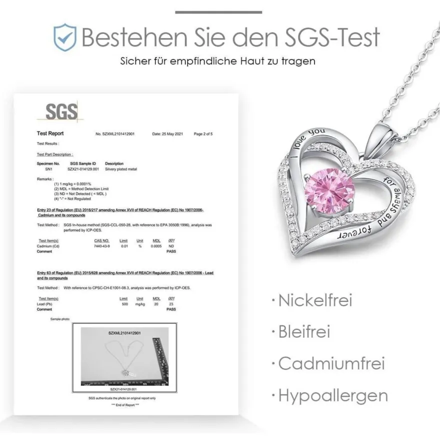 CDE Damen Halskette 925 Sterling Silber Rosegold Forever Love Herz Anhänger
