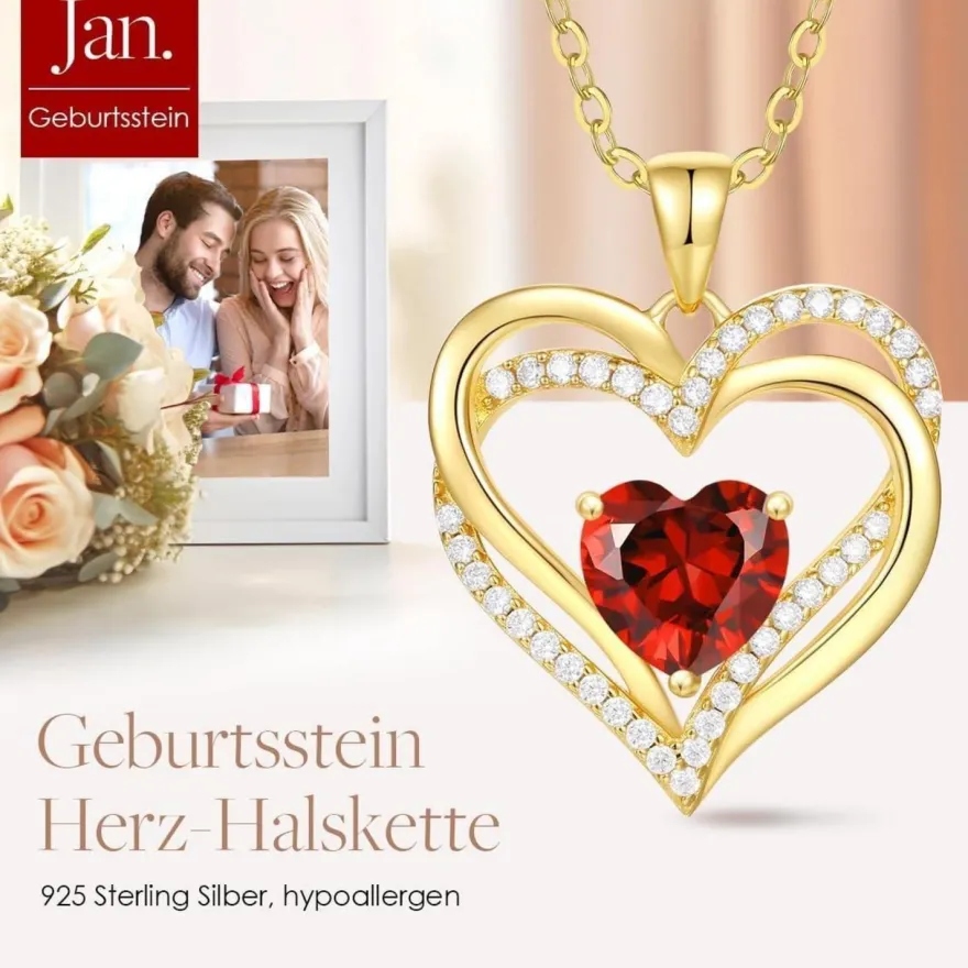 CDE Damen Herzkette 925 Sterling Silber mit Geburtsstein Anhänger - 18K