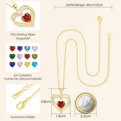 CDE Damen Herzkette 925 Sterling Silber mit Geburtsstein Anhänger - 18K