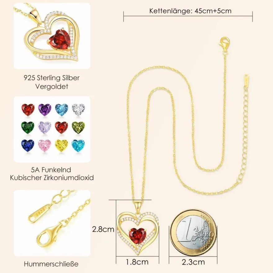 CDE Damen Herzkette 925 Sterling Silber mit Geburtsstein Anhänger - 18K