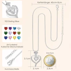 CDE Halskette Damen Rosegold Herz Kette Sterling Silber 925 mit Geburtsstein