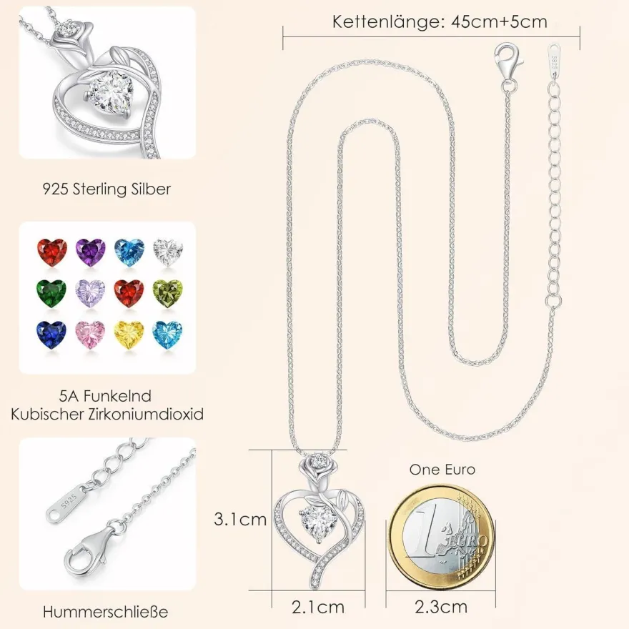 CDE Halskette Damen Rosegold Herz Kette Sterling Silber 925 mit Geburtsstein