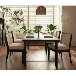 chairus 4er Set Esszimmerstühle aus Holz mit Leinen und Rattan Rückenlehne