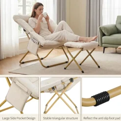 Clevich Relaxsessel mit Hocker, skandinavisch, Kunstfell, klappbar, beige