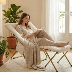 Clevich Relaxsessel mit Hocker, skandinavisch, Kunstfell, klappbar, beige