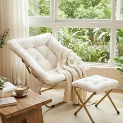 Clevich Relaxsessel mit Hocker, skandinavisch, Kunstfell, klappbar, beige
