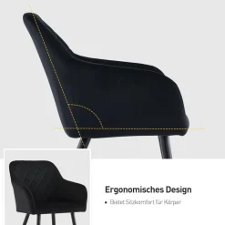 CLIPOP Esszimmerstühle 6er Set Samt Bezug Schwarz Metallbeine Armlehne