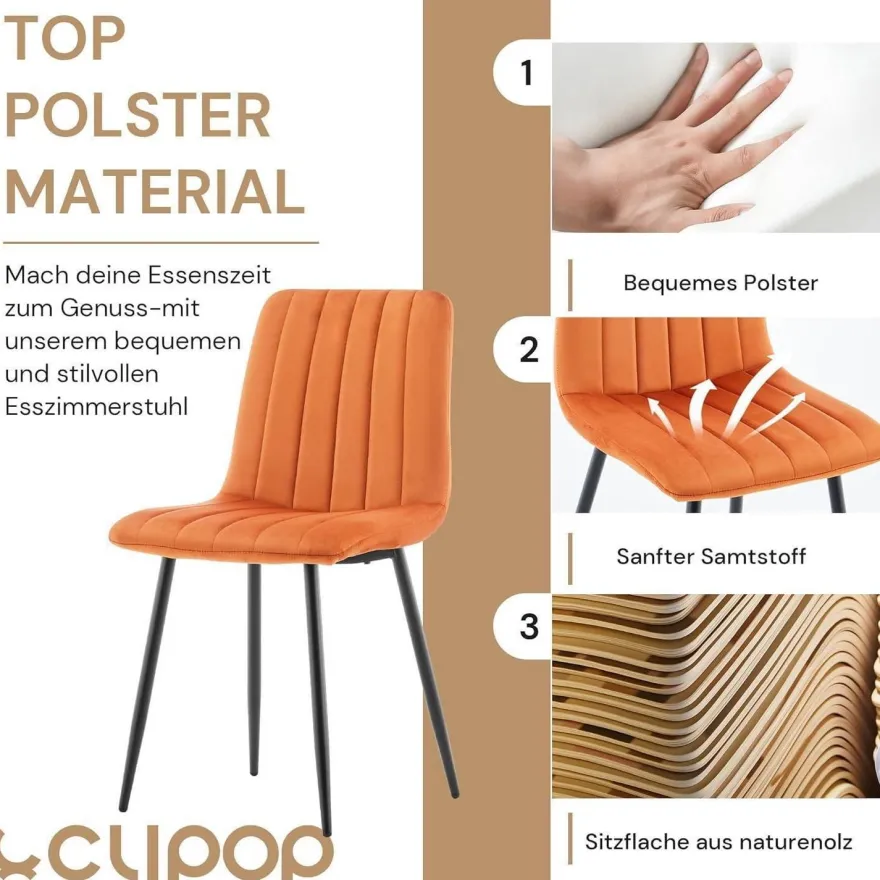 CLIPOP Esszimmerstühle 2er Set, Samt Gepolsterte Küchenstühle mit Metallbeinen
