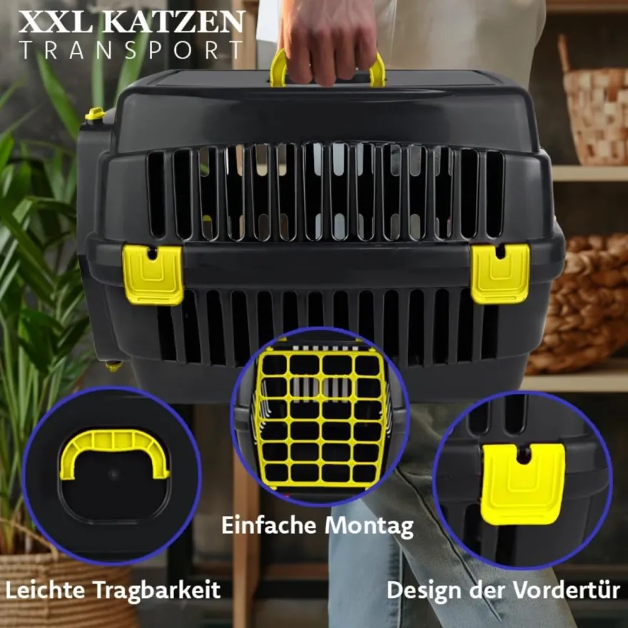 COFI 1453 Robuste Katzen-Transportbox Hartschalen-Katzenbox Schwarz-Gelb