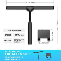 Coftclmomt 25cm Edelstahl Duschabzieher mit selbstklebendem Haken, Schwarz, für
