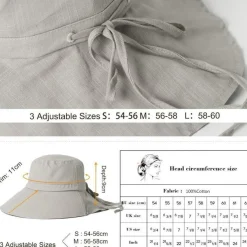 Comhats Damen Sonnenhut mit Nackenschutz, UPF 50, breite Krempe, Baumwolle, Grau