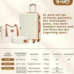 Coolife Koffer-Set 3tlg Mittlerer Koffer ABS Hartschale 4 Rollen TSA-Schloss