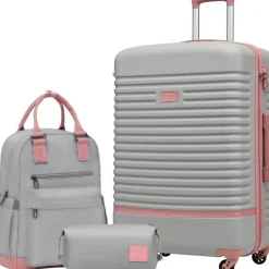 Coolife Koffer Trolley ABS Hartschale 4 Rollen TSA-Schloss 3tlg Grau/Rosa