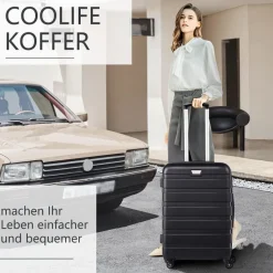 Coolife Premium Hartschalenkoffer 4 Rollen Handgepäck TSA-Schloss Schwarz