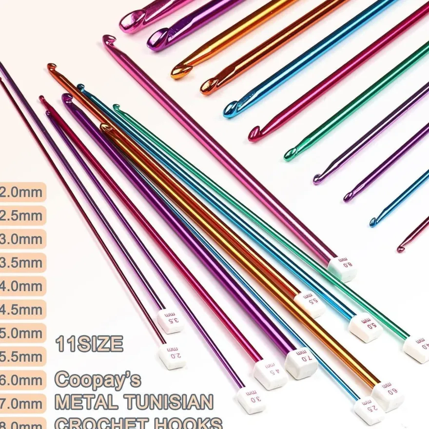 Coopay Tunesische Häkelnadeln Set 11 Stück Aluminium 2,0-8,0 mm