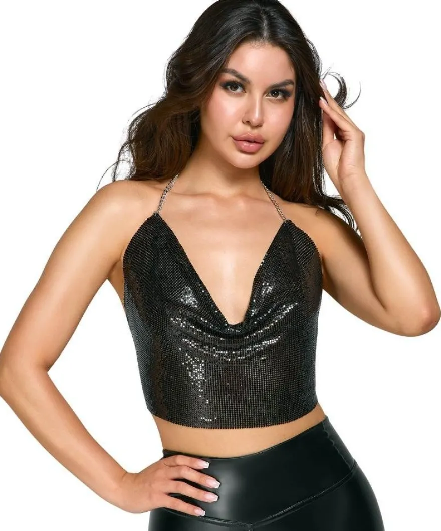 Cottelli Crop-Top rückenfrei, schwarz-silber, Wasserfall-Ausschnitt