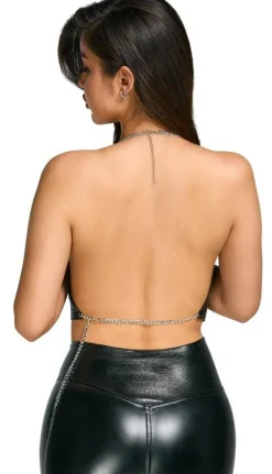 Cottelli Crop-Top rückenfrei, schwarz-silber, Wasserfall-Ausschnitt