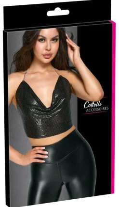 Cottelli Crop-Top rückenfrei, schwarz-silber, Wasserfall-Ausschnitt