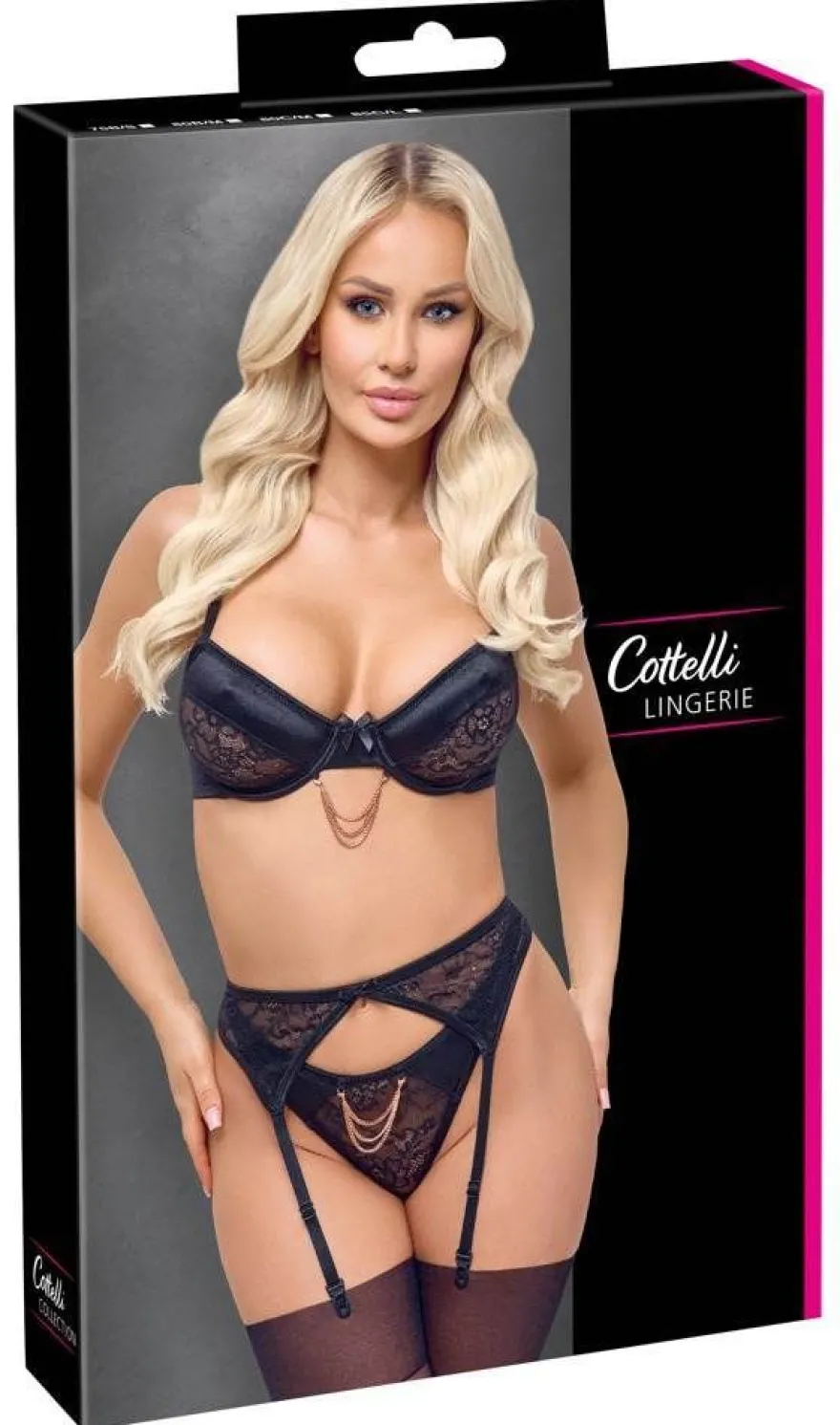 Cottelli Lingerie Schwarzes Trio mit Schmuckdetails BH Strapsgürtel String