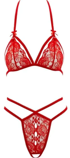 Cottelli Lingerie - Spitzen-Set rot, Soft-BH & String ouvert
