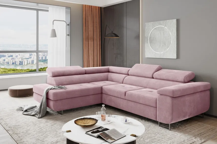 Couchgarnitur JADE Stoff Rosa mit Schlaffunktion Ottomane Links