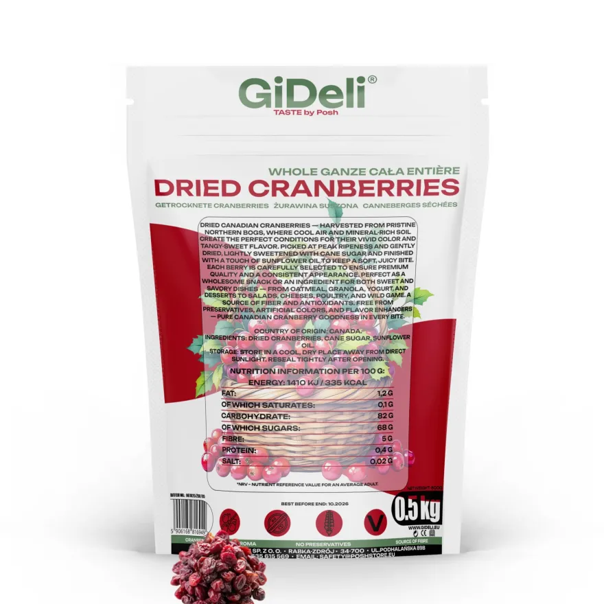 Cranberries Getrocknet 500g Saftig Ganze Beeren Vegan Snack Müsli Backen GiDeli