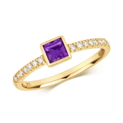 9 ct/Karat Gelb Gold Diamant Solitärring Brillant-Schliff 0.10 Karat mit Amethyst