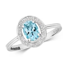 9 ct/Karat Weißgold Damen - Diamant Solitärring Brillant-Schliff H - PK mit Aquamarin